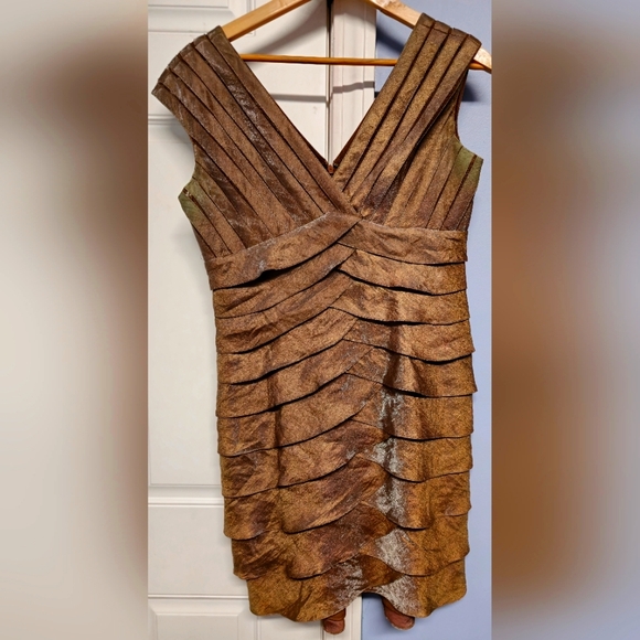 Adrianna Papell Cocktail Dress 12P - Shimmery Brown Tiered Ruffles - Like New - Picture 1 of 5